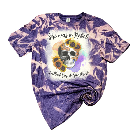 She Was A Rebel Skull Leopard Floral Purple Bleached Tee Handmade Graphic Shirt - Picture 3 of 6